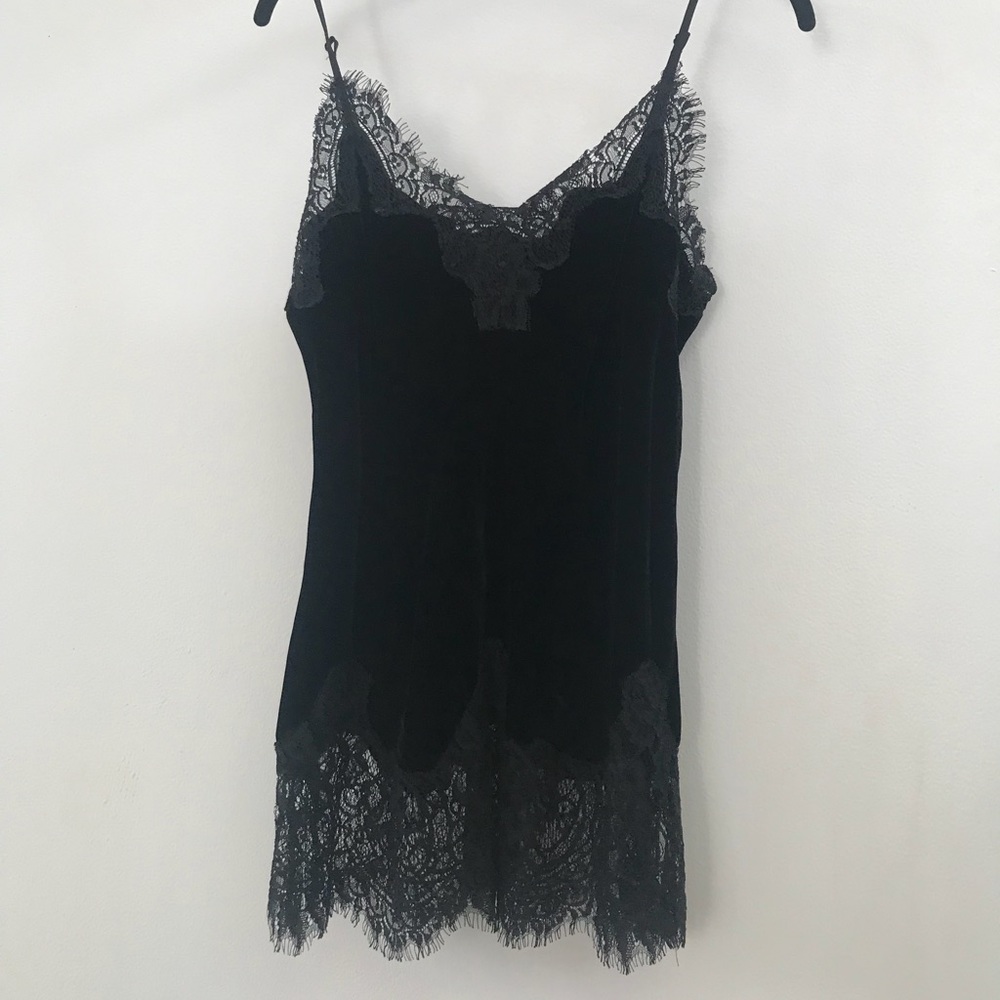 Black Velvet Slip Style Camisole Top Lace Trim